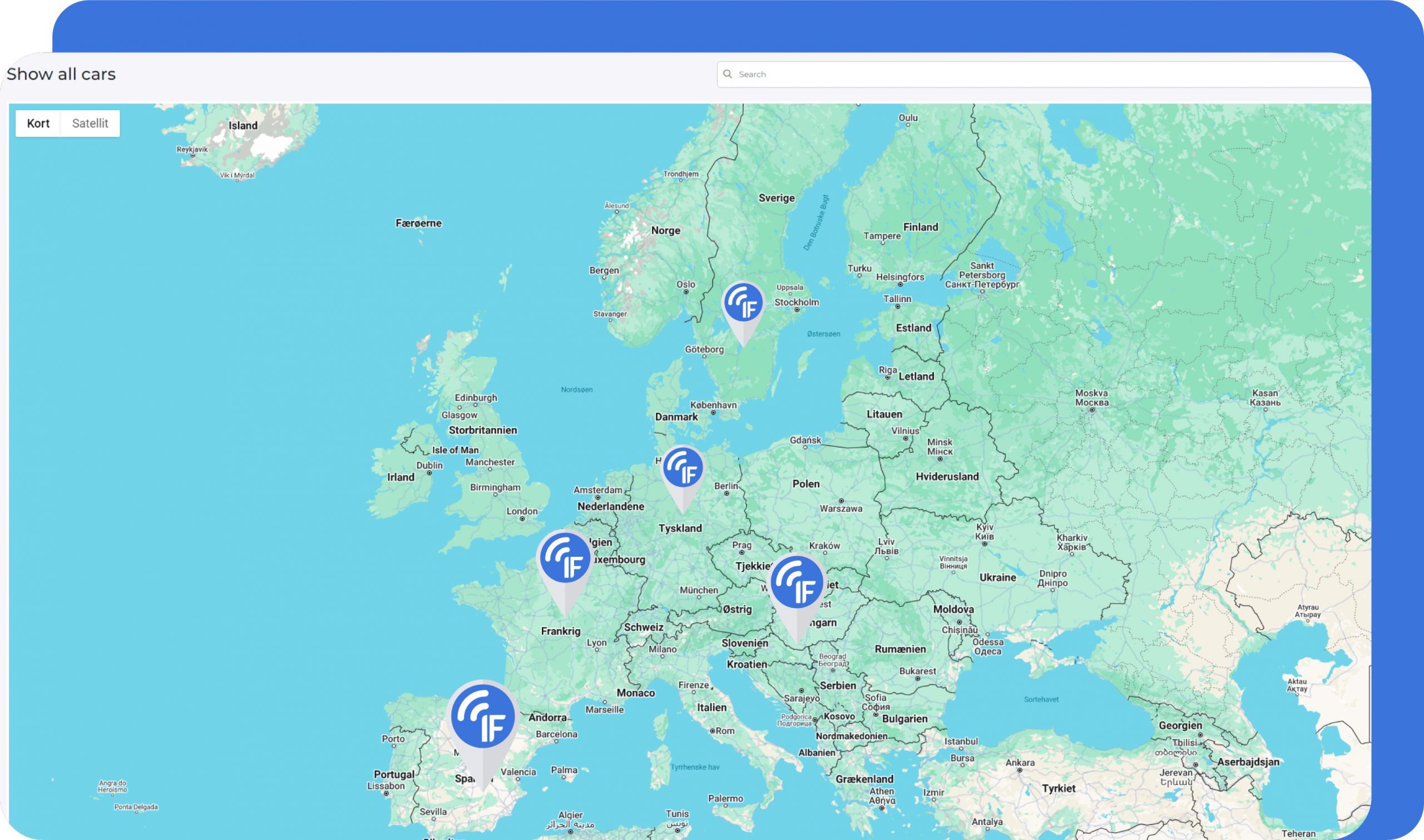 Map of europe showing intellifinder gps pins